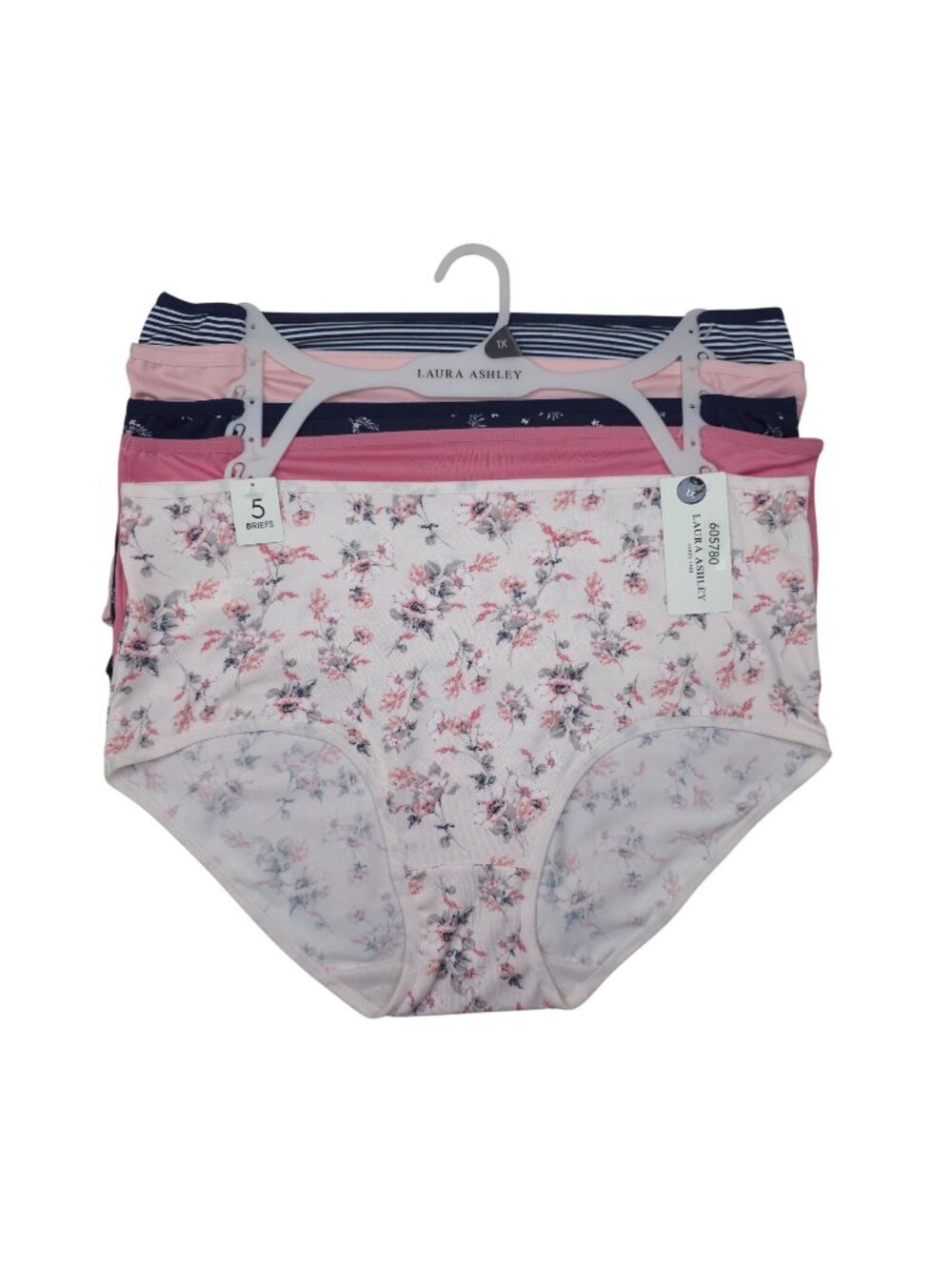Laura Ashley Womens 5-Pack Briefs 1X Floral & Striped Designs Polyester/Spandex